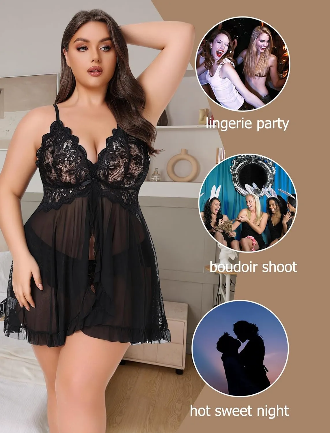 Avidlove Plus Size Lingerie for Women Sexy Lingerie Dress Lace Babydoll Lingerie V-Neck Open Front Strap Nightdress