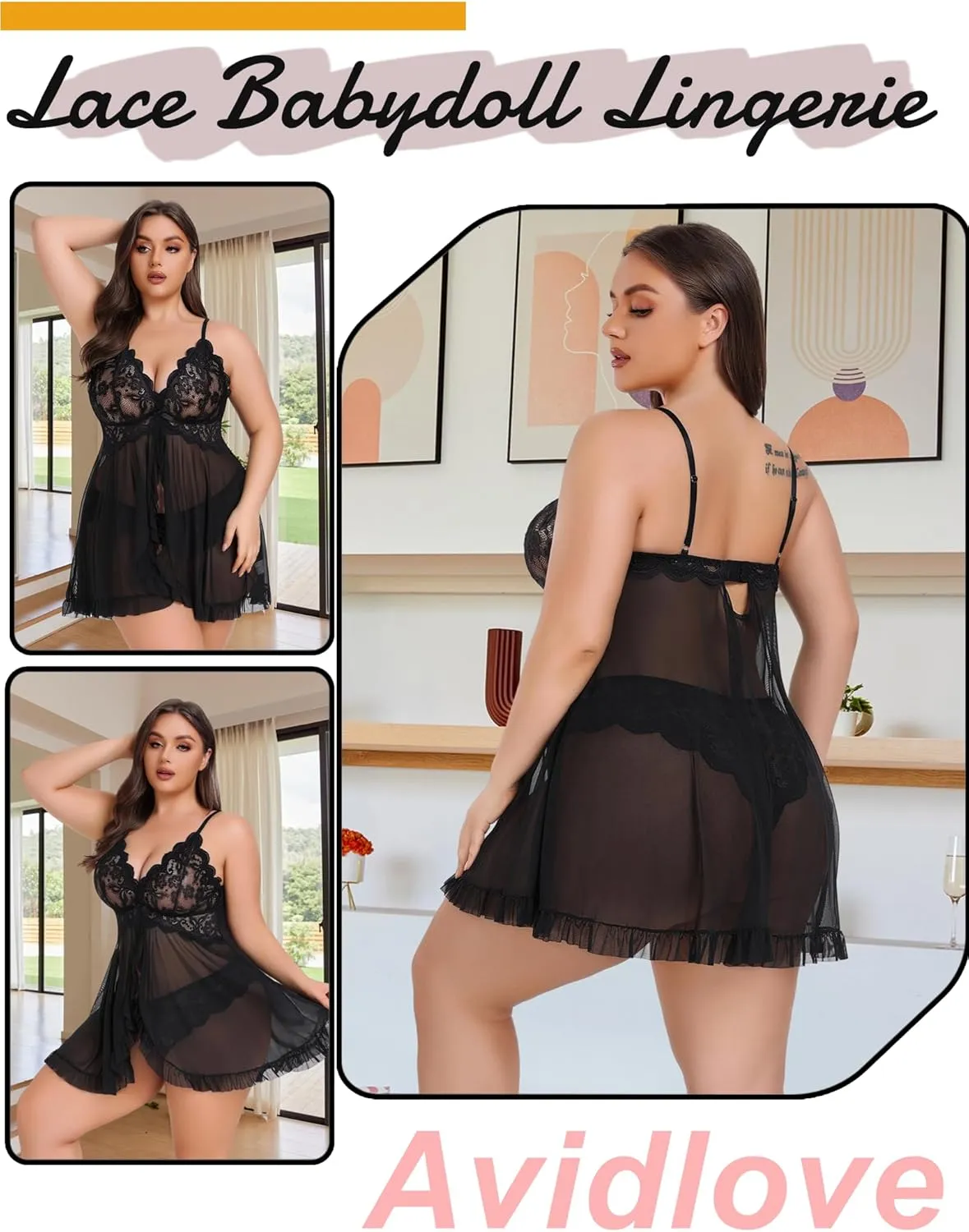 Avidlove Plus Size Lingerie for Women Sexy Lingerie Dress Lace Babydoll Lingerie V-Neck Open Front Strap Nightdress
