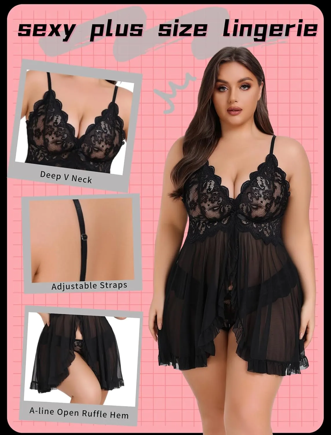 Avidlove Plus Size Lingerie for Women Sexy Lingerie Dress Lace Babydoll Lingerie V-Neck Open Front Strap Nightdress