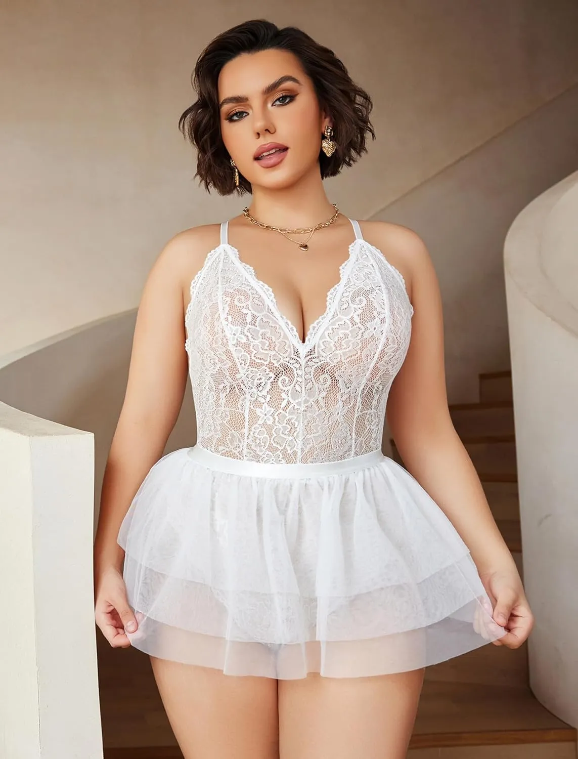 Avidlove Plus Size Lingerie Womens Lace Teddy Babydoll V Neck Chemise Nighty with Detachable Mesh Mini Skirt