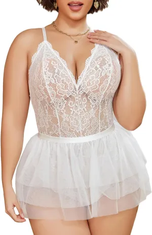 Avidlove Plus Size Lingerie Womens Lace Teddy Babydoll V Neck Chemise Nighty with Detachable Mesh Mini Skirt