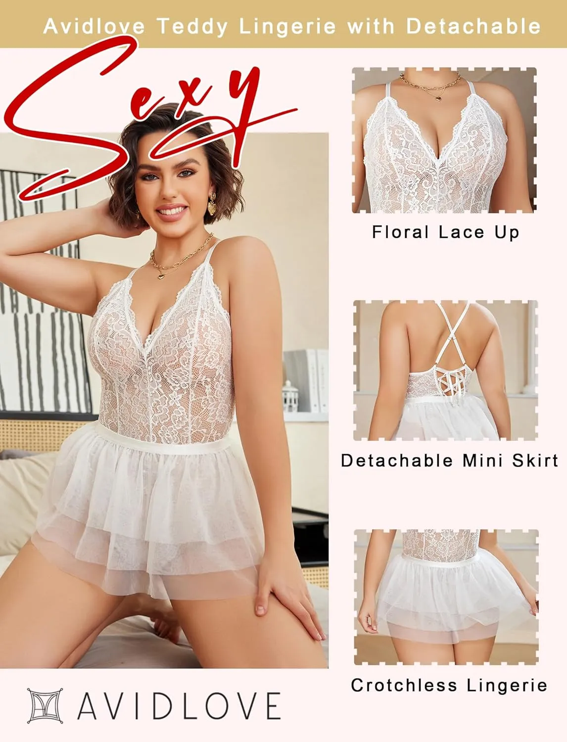 Avidlove Plus Size Lingerie Womens Lace Teddy Babydoll V Neck Chemise Nighty with Detachable Mesh Mini Skirt