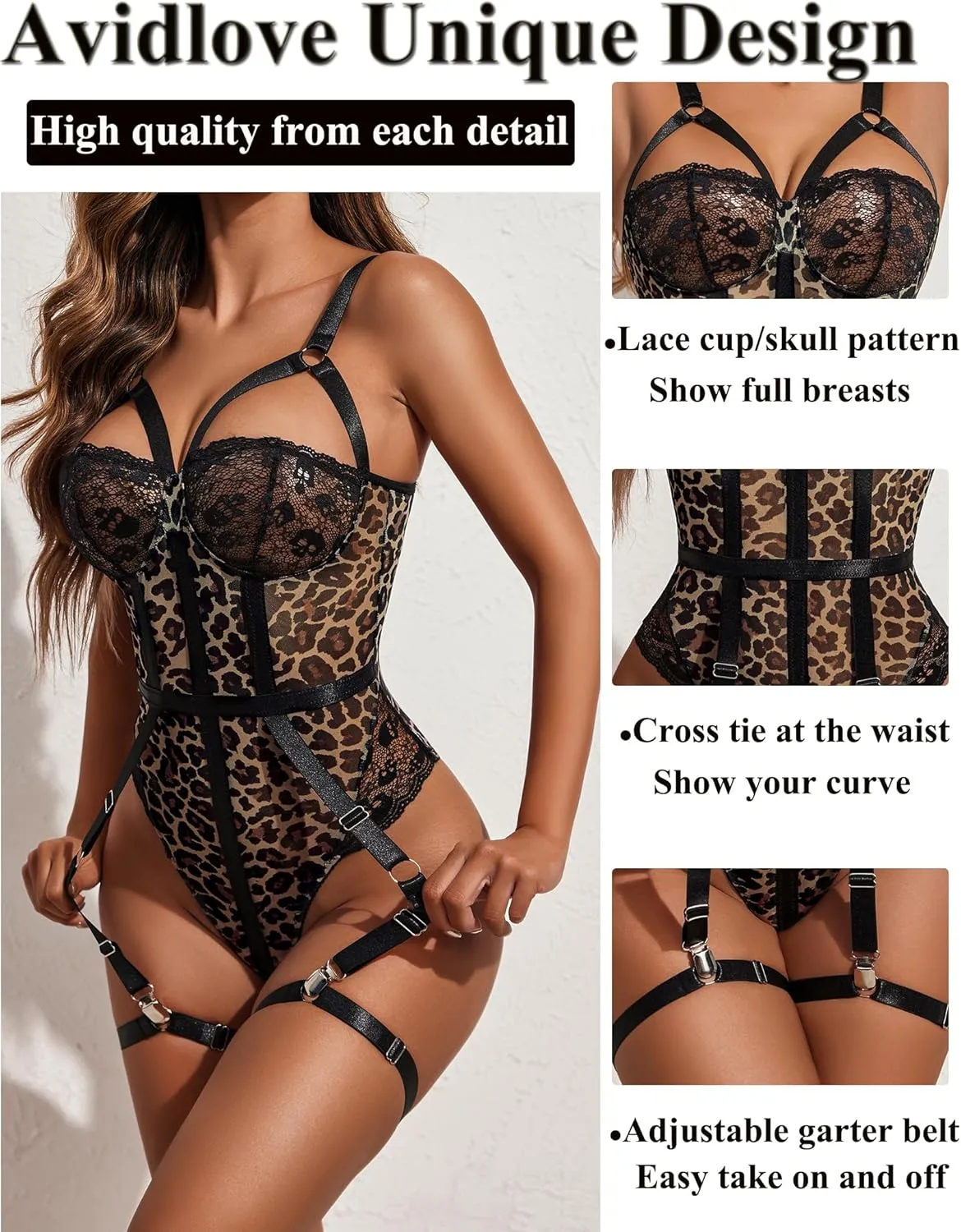 Avidlove Teddy Lingerie for Women with Garter Belt One Piece Lingerie Naughty Strappy Lingerie Lace Exotic Bodysuit