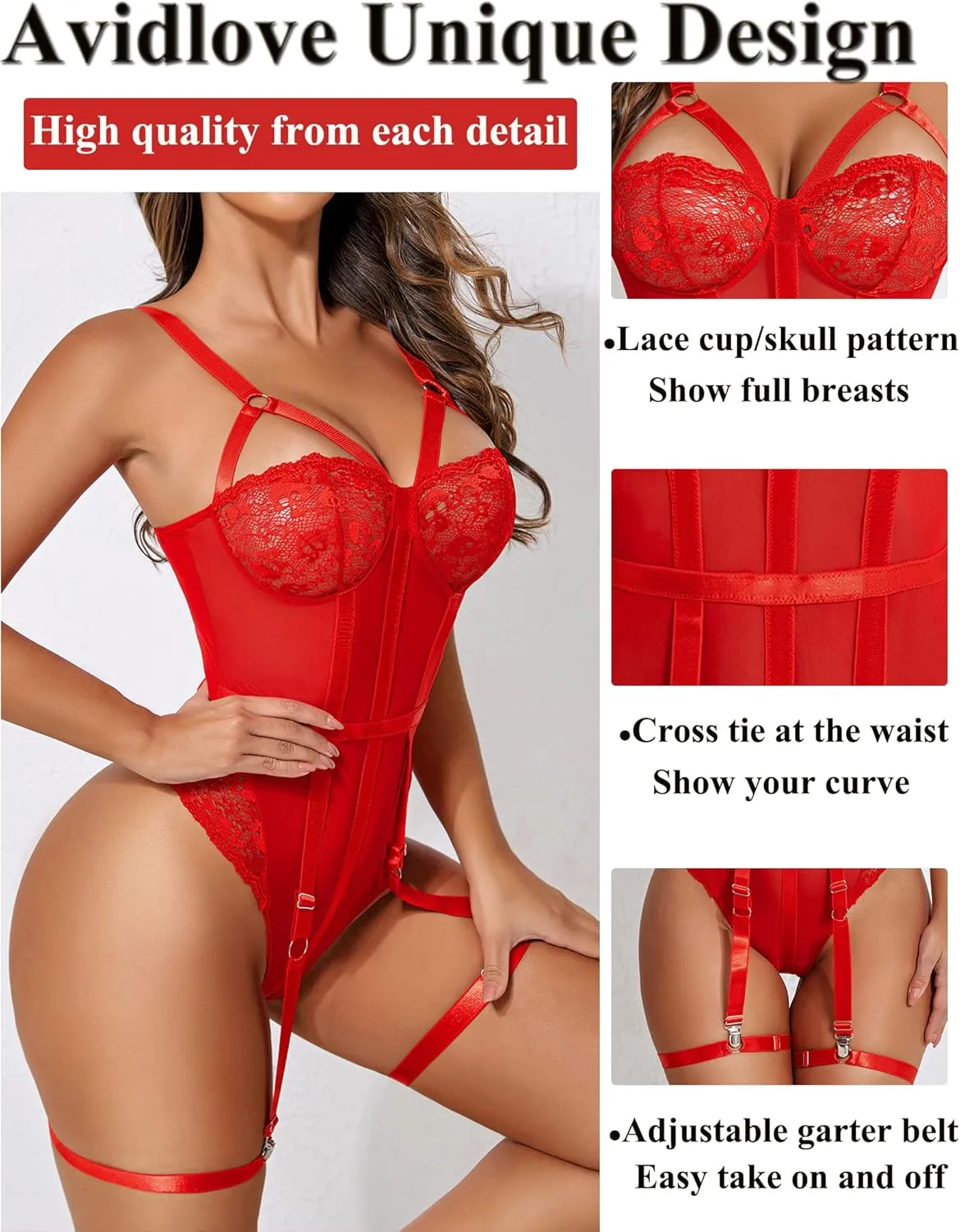 Avidlove Teddy Lingerie for Women with Garter Belt One Piece Lingerie Naughty Strappy Lingerie Lace Exotic Bodysuit
