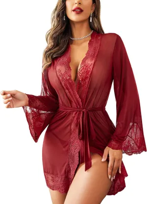 Avidlove Women Lace Kimono Robe Babydoll Sexy Lingerie Mesh Chemise Nightgown Cover Up