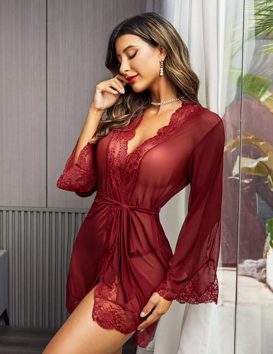 Avidlove Women Lace Kimono Robe Babydoll Sexy Lingerie Mesh Chemise Nightgown Cover Up