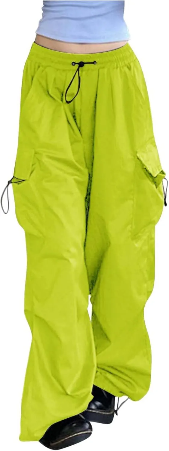 Baggy Parachute Pants for Women Drawstring Elastic Low Waist Ruched Cargo Pants Multiple Pockets Jogger Y2K