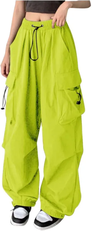Baggy Parachute Pants for Women Drawstring Elastic Low Waist Ruched Cargo Pants Multiple Pockets Jogger Y2K