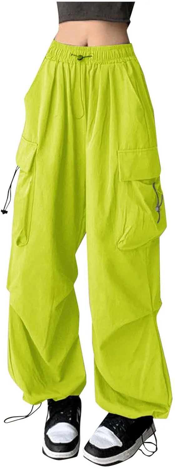 Baggy Parachute Pants for Women Drawstring Elastic Low Waist Ruched Cargo Pants Multiple Pockets Jogger Y2K