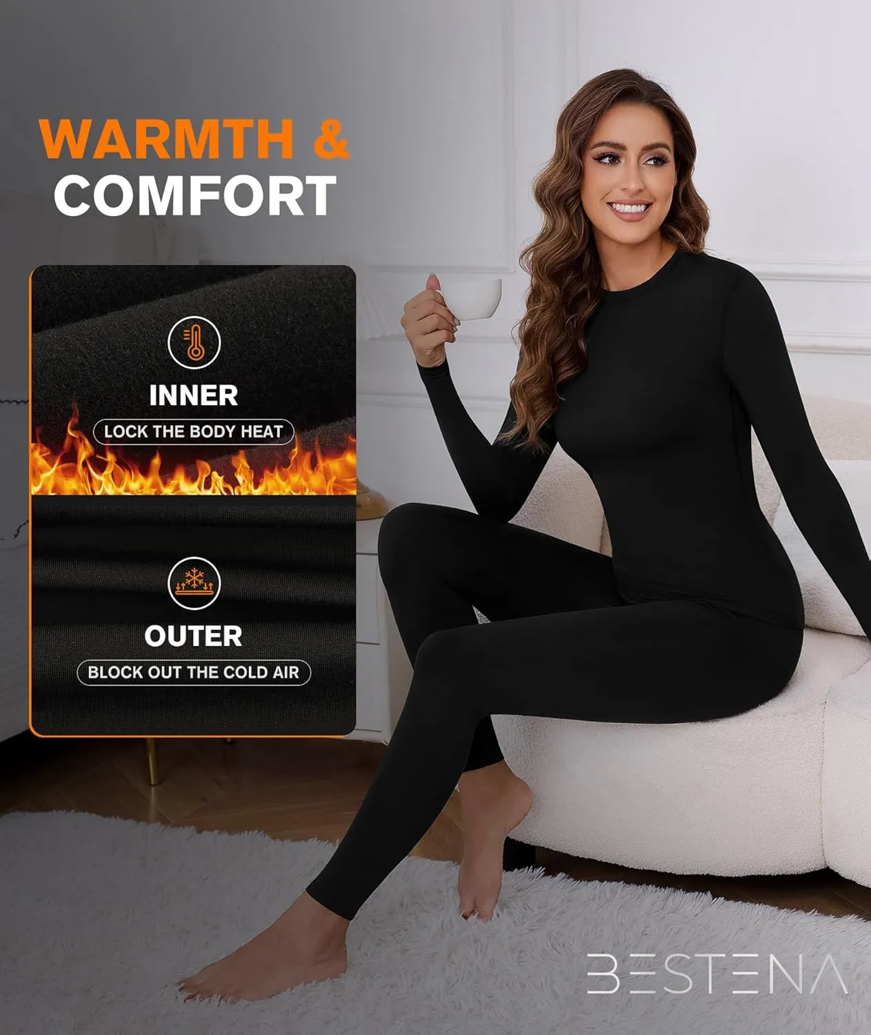 BESTENA Women’s Thermal Underwear Set, Soft Fleece Lined Long Underwear, Warm Base Layer Top and Bottom