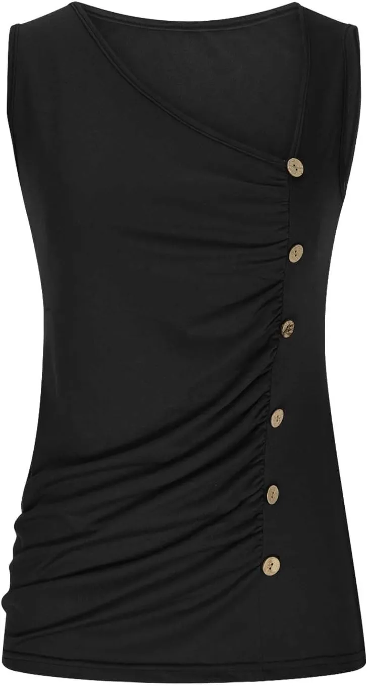 Binmer Ruched Button Decor Tank Top for Womens 2024 Trendy V Neck Shirts Casual Solid Party Club Vest Summer Sleeveless Tees