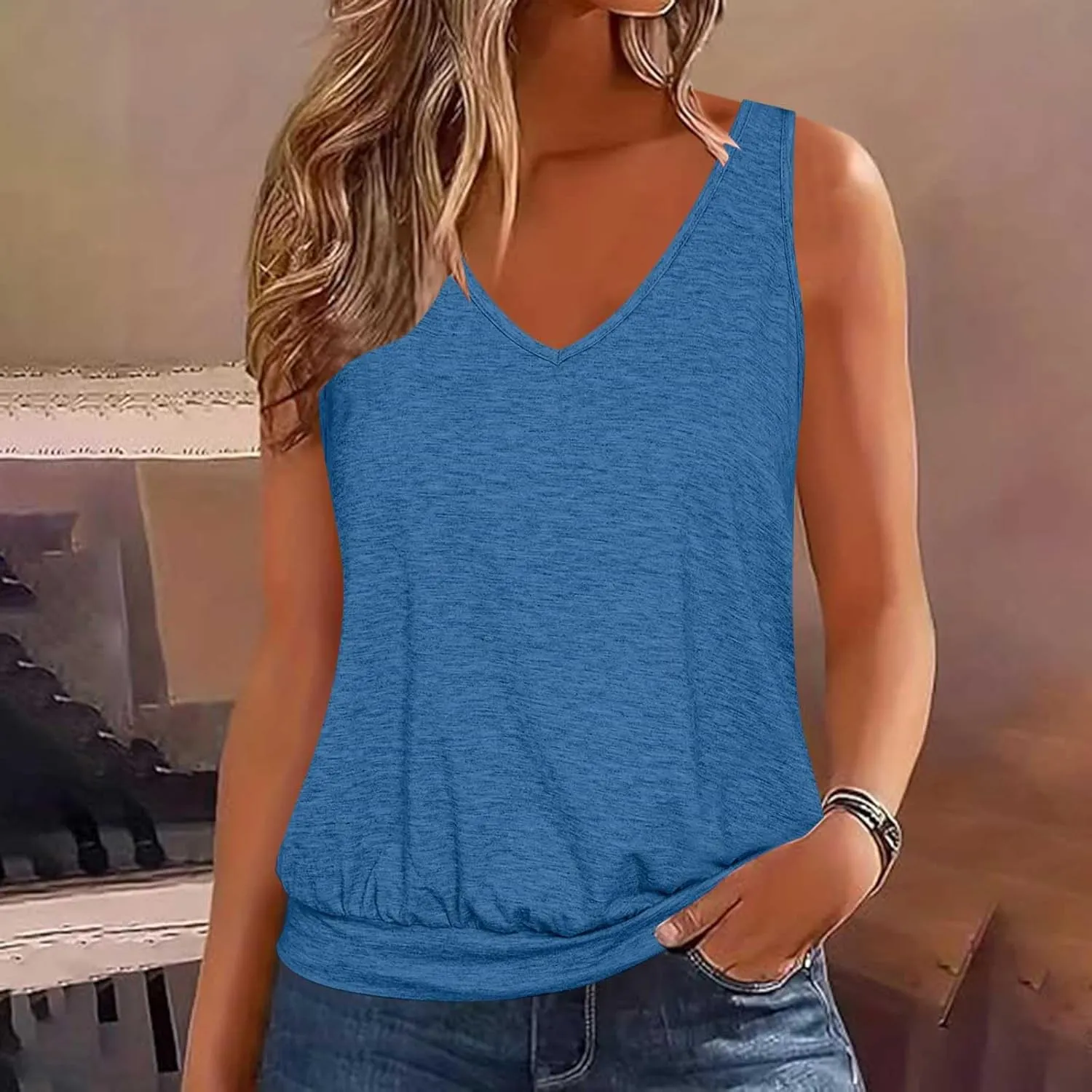Binmer Womens Plus Size Tank Tops Summer Sleeveless V/Crewneck Pleated Front T-Shirts Casual Loose Fit Tunics Camis Vest