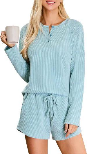 BMJL Womens Pajamas Lounge Sets Ribbed Two Piece Outfit Pj Sets Long Sleeve Shirt And Shorts Loungewear With Pockets