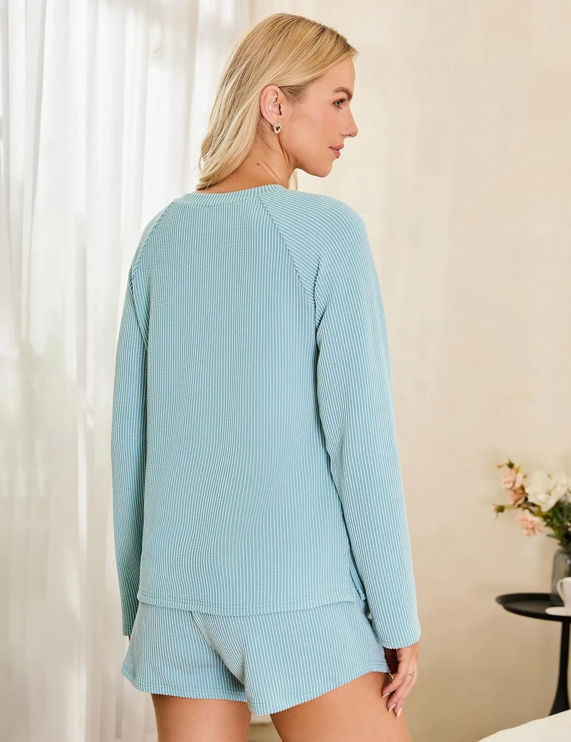 BMJL Womens Pajamas Lounge Sets Ribbed Two Piece Outfit Pj Sets Long Sleeve Shirt And Shorts Loungewear With Pockets