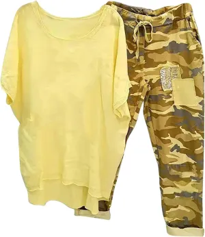 BOXIACEY Two Piece Sets for Women Linen Plus Size Vacation Outfits Camouflage Pants Sets Summer Outfits Lounge Sets