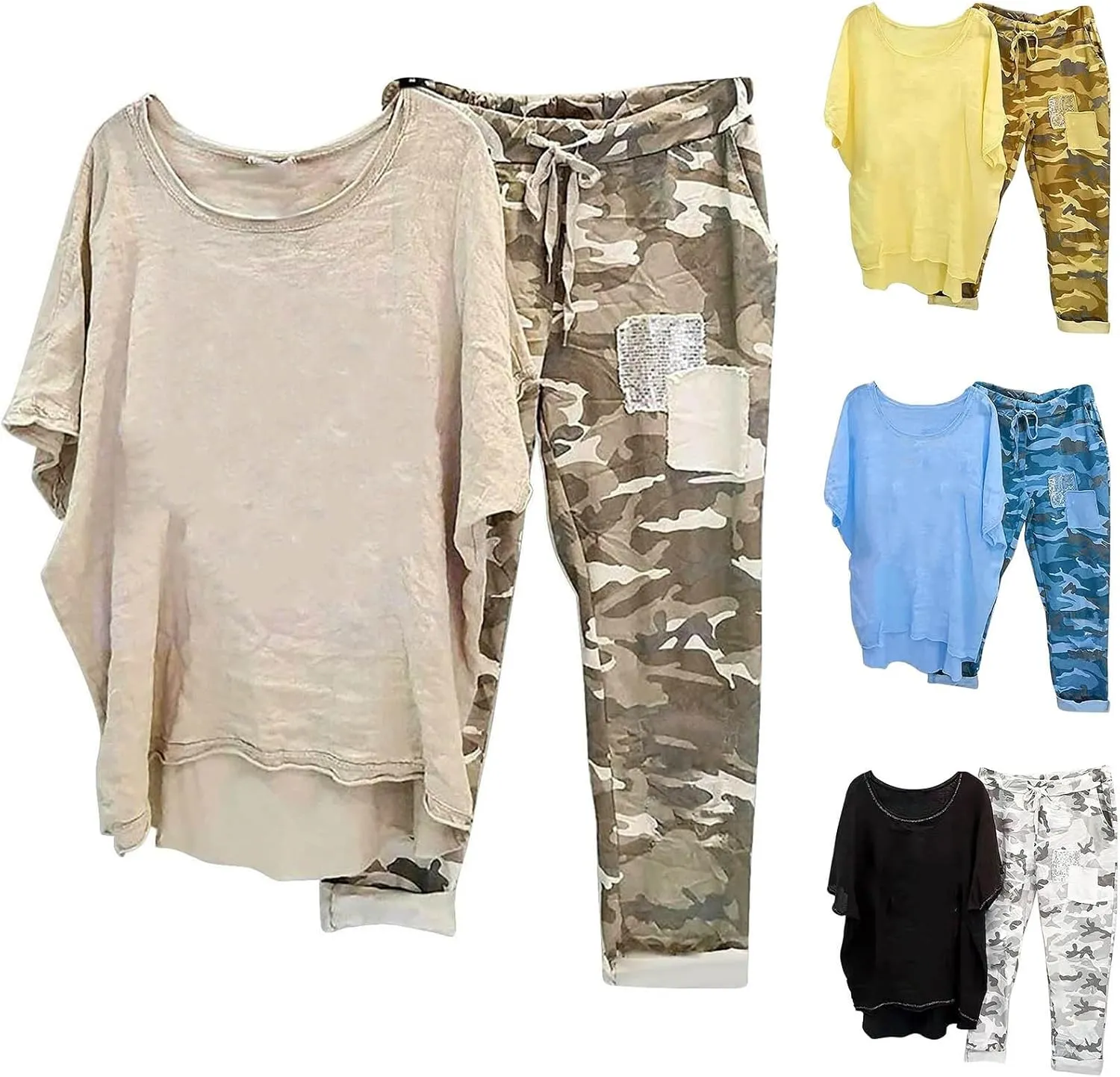 BOXIACEY Two Piece Sets for Women Linen Plus Size Vacation Outfits Camouflage Pants Sets Summer Outfits Lounge Sets