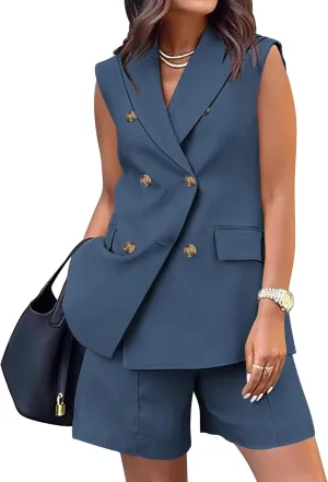 BTFBM Womens Blazer Vest Shorts Sets Lapel Neck Casual Sleeveless Button Down Office Summer 2 Piece Lounge Matching Sets