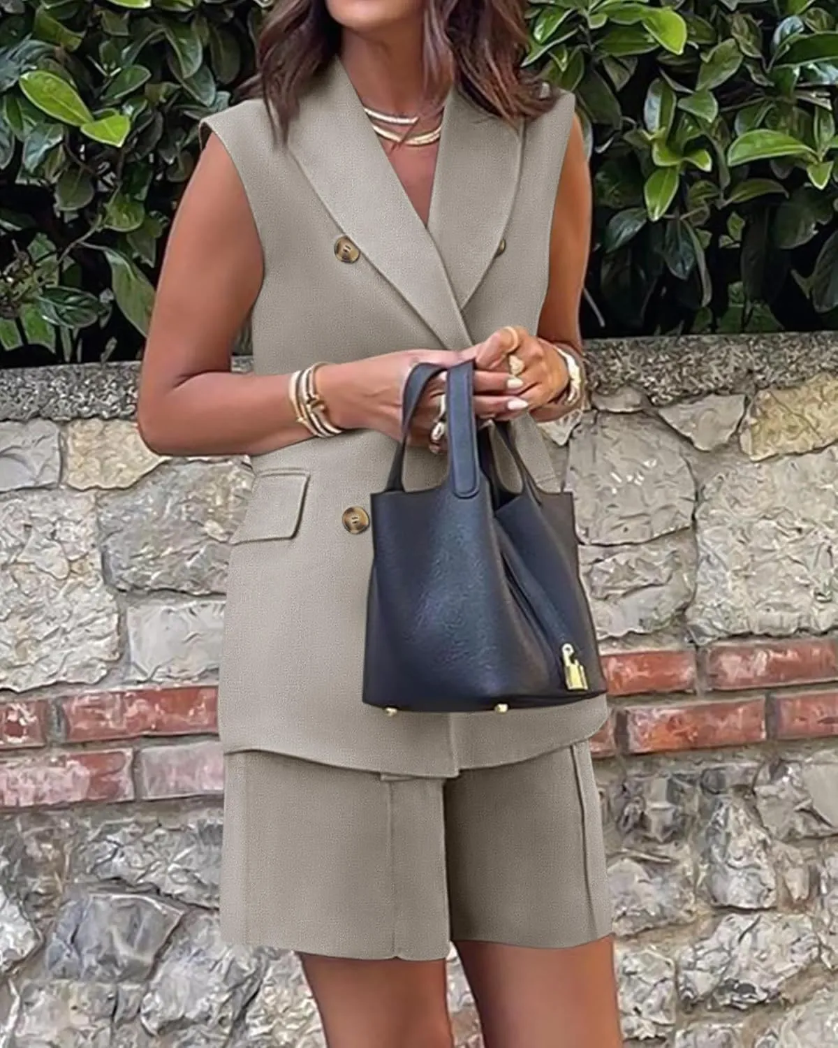 BTFBM Womens Blazer Vest Shorts Sets Lapel Neck Casual Sleeveless Button Down Office Summer 2 Piece Lounge Matching Sets