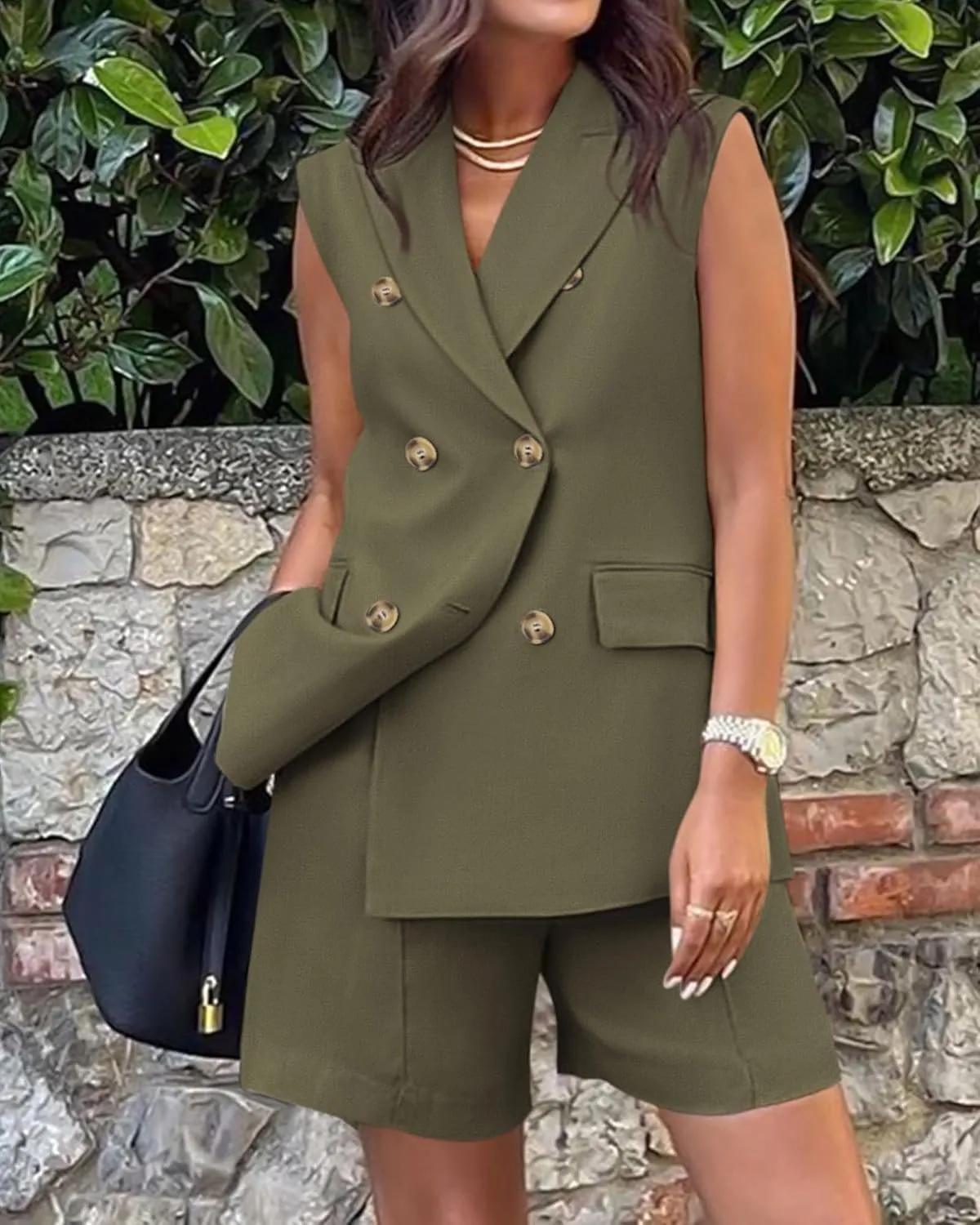 BTFBM Womens Blazer Vest Shorts Sets Lapel Neck Casual Sleeveless Button Down Office Summer 2 Piece Lounge Matching Sets