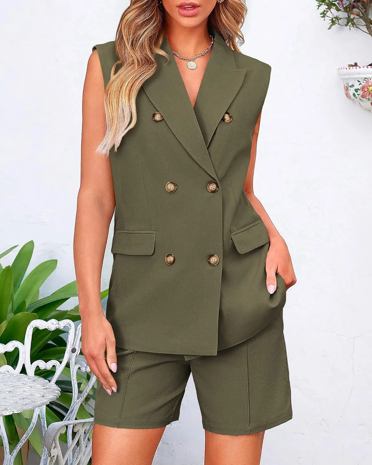 BTFBM Womens Blazer Vest Shorts Sets Lapel Neck Casual Sleeveless Button Down Office Summer 2 Piece Lounge Matching Sets