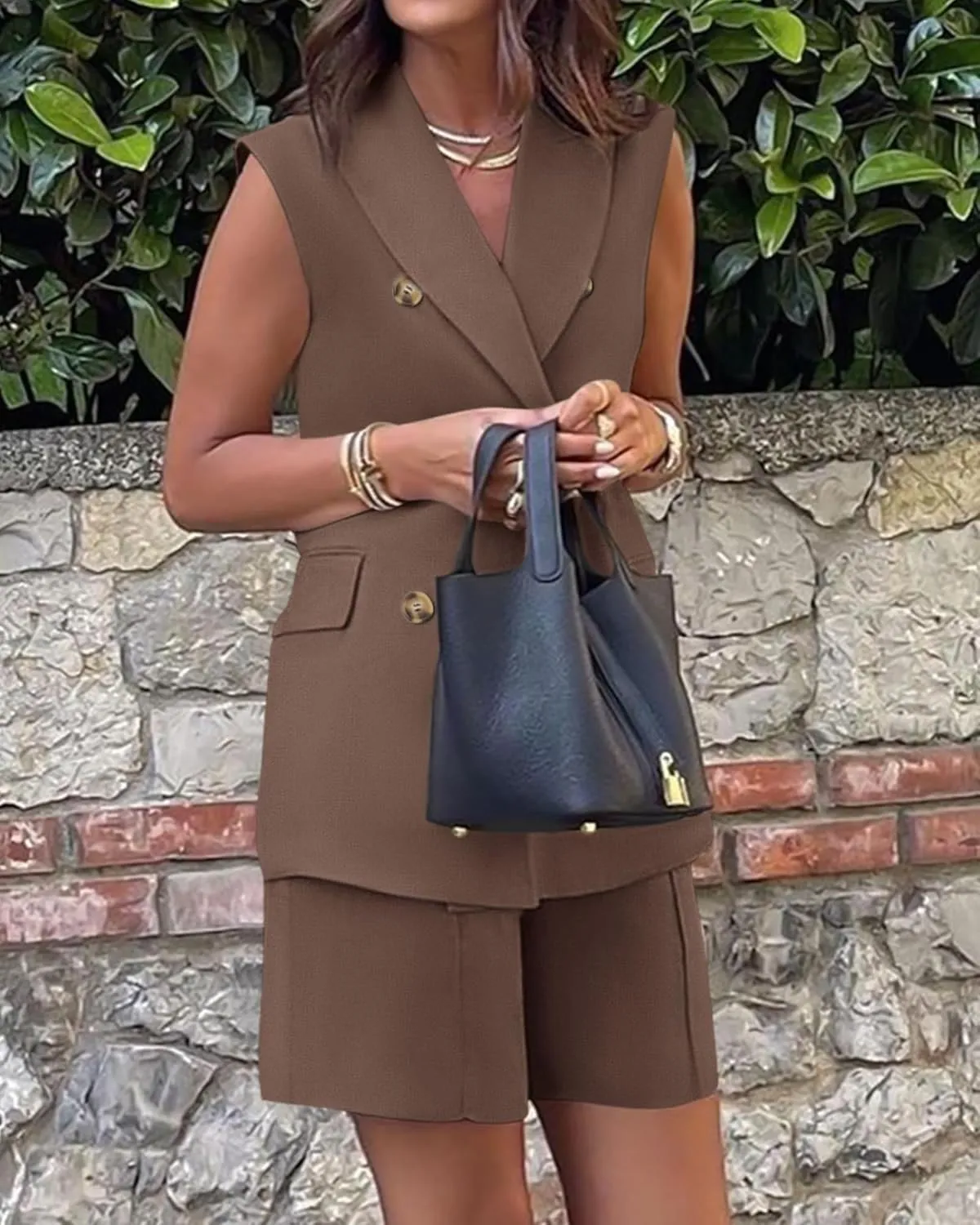 BTFBM Womens Blazer Vest Shorts Sets Lapel Neck Casual Sleeveless Button Down Office Summer 2 Piece Lounge Matching Sets