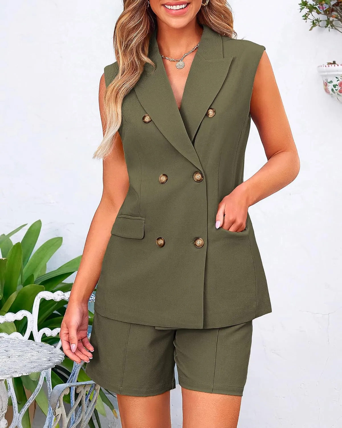 BTFBM Womens Blazer Vest Shorts Sets Lapel Neck Casual Sleeveless Button Down Office Summer 2 Piece Lounge Matching Sets