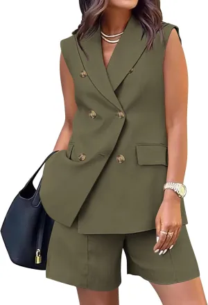 BTFBM Womens Blazer Vest Shorts Sets Lapel Neck Casual Sleeveless Button Down Office Summer 2 Piece Lounge Matching Sets