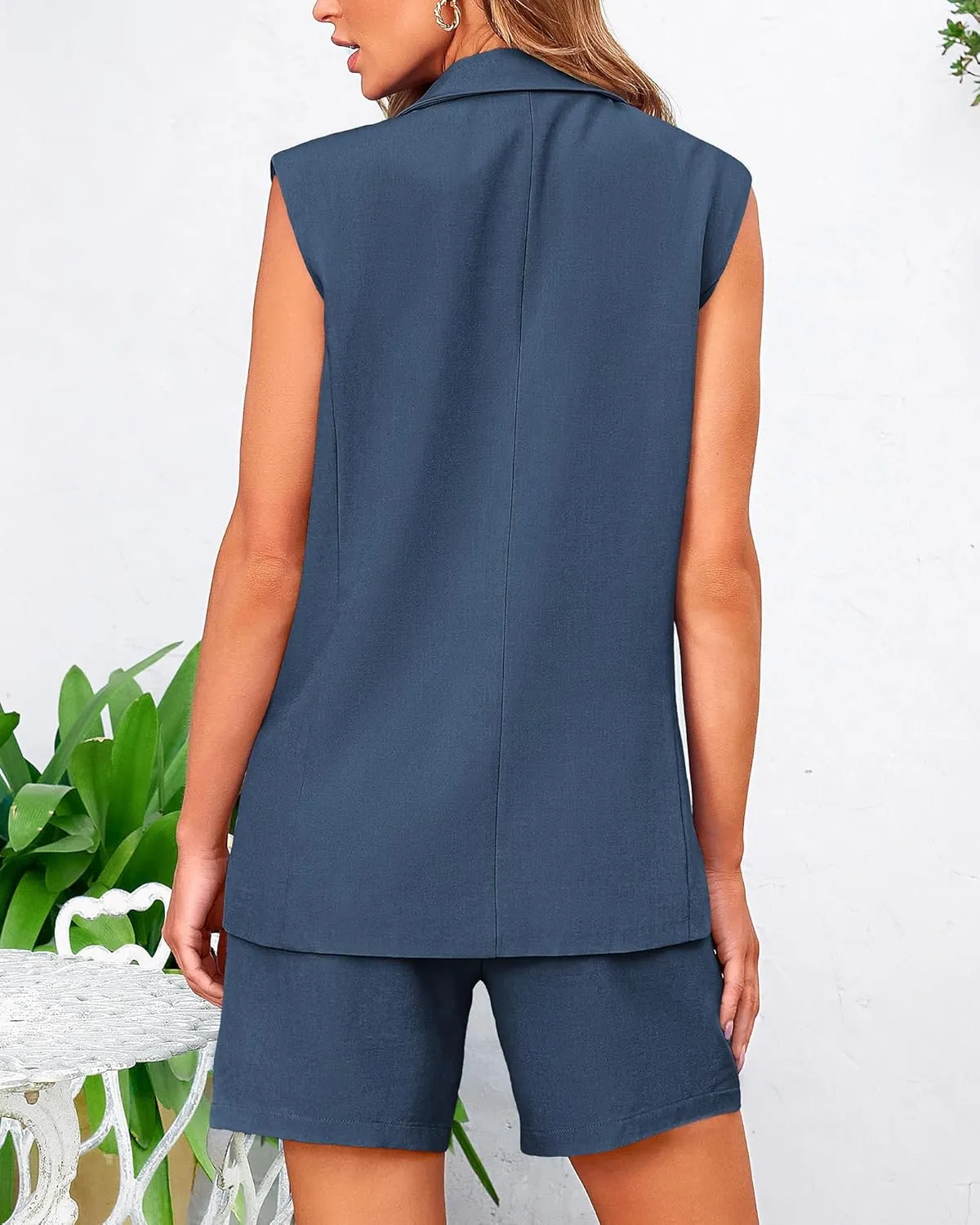 BTFBM Womens Blazer Vest Shorts Sets Lapel Neck Casual Sleeveless Button Down Office Summer 2 Piece Lounge Matching Sets