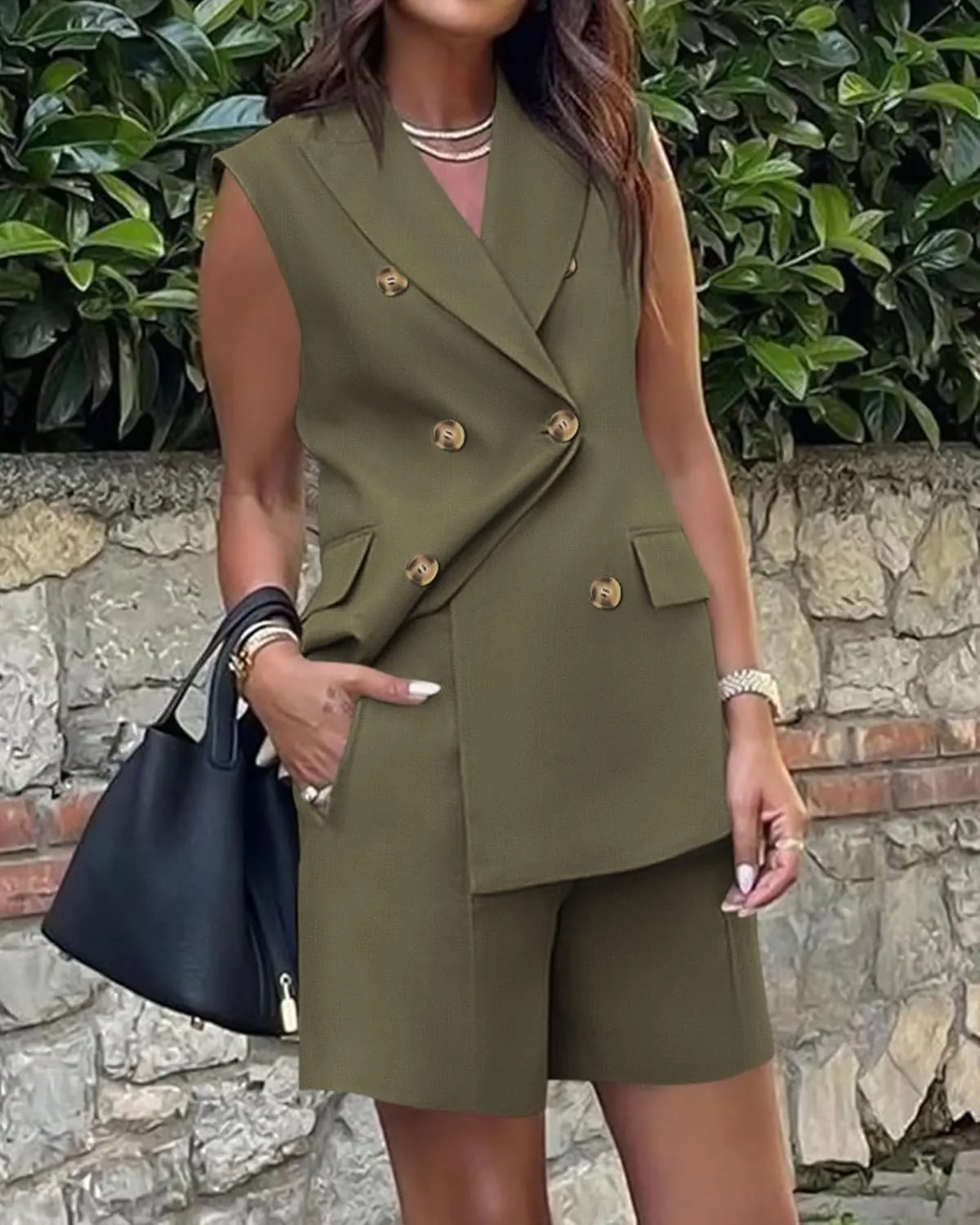BTFBM Womens Blazer Vest Shorts Sets Lapel Neck Casual Sleeveless Button Down Office Summer 2 Piece Lounge Matching Sets
