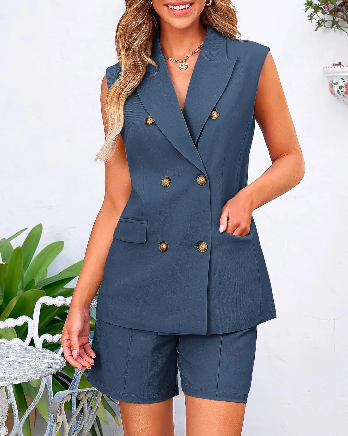 BTFBM Womens Blazer Vest Shorts Sets Lapel Neck Casual Sleeveless Button Down Office Summer 2 Piece Lounge Matching Sets