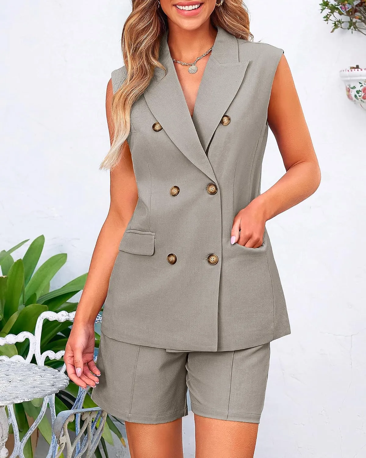 BTFBM Womens Blazer Vest Shorts Sets Lapel Neck Casual Sleeveless Button Down Office Summer 2 Piece Lounge Matching Sets