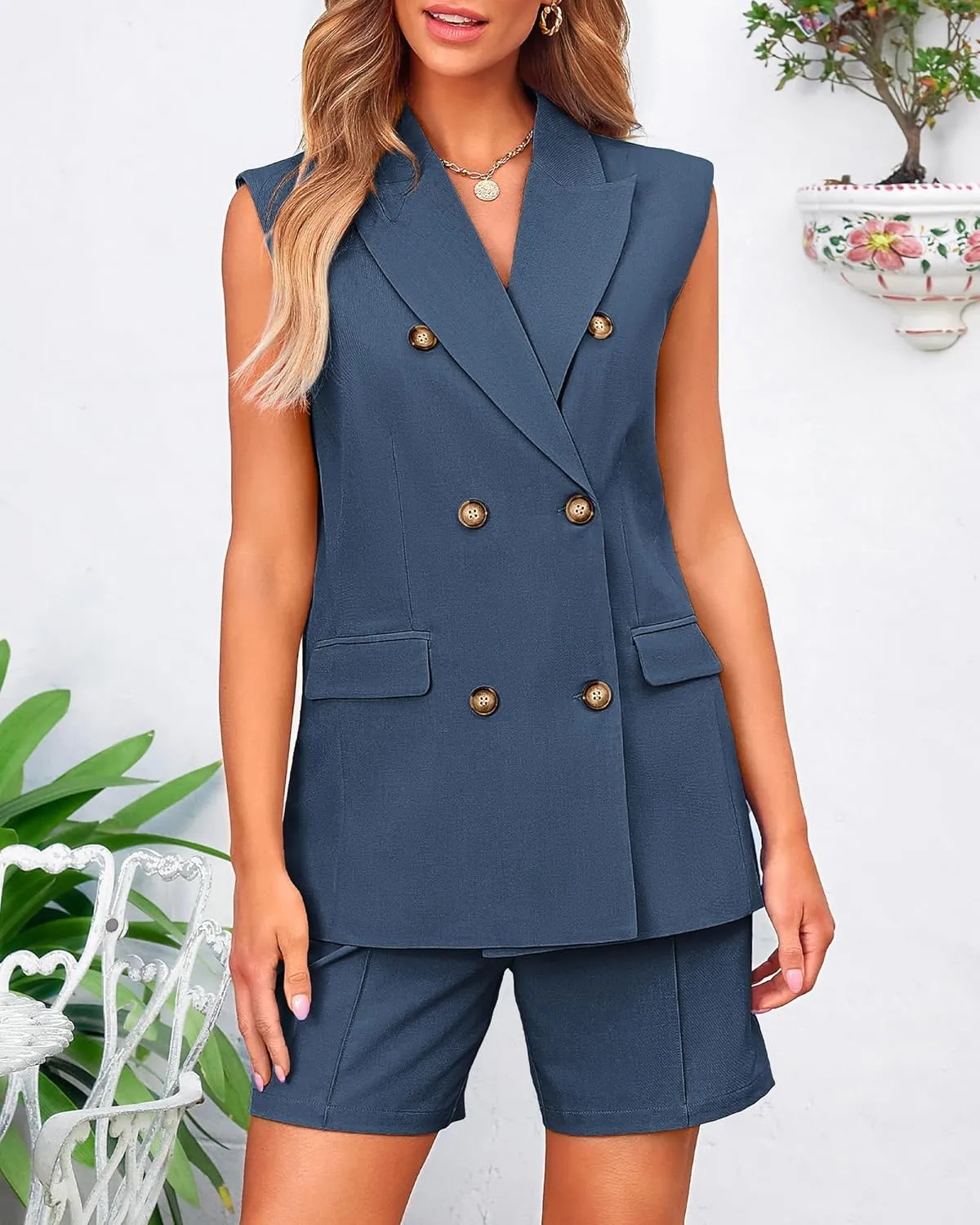 BTFBM Womens Blazer Vest Shorts Sets Lapel Neck Casual Sleeveless Button Down Office Summer 2 Piece Lounge Matching Sets