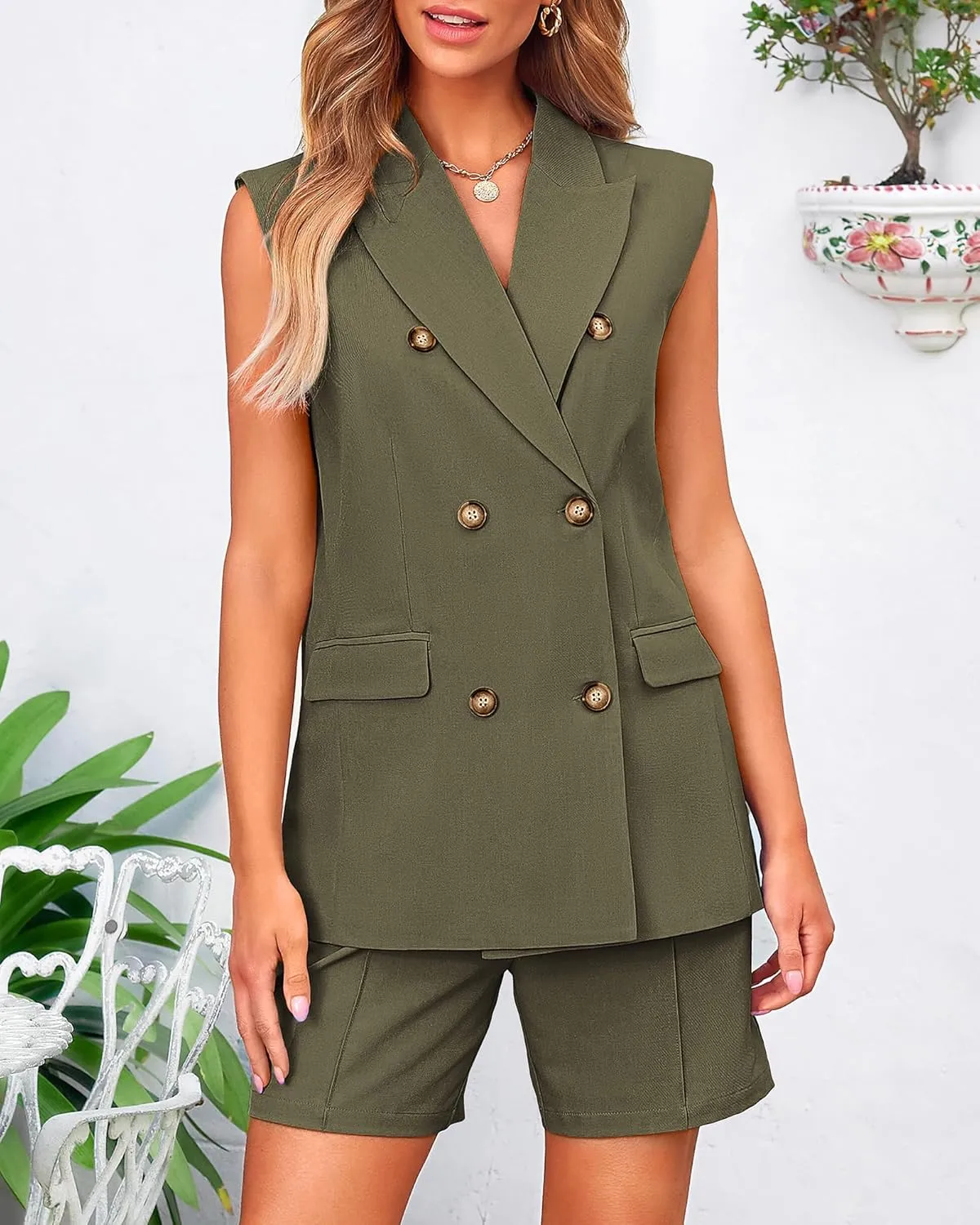 BTFBM Womens Blazer Vest Shorts Sets Lapel Neck Casual Sleeveless Button Down Office Summer 2 Piece Lounge Matching Sets