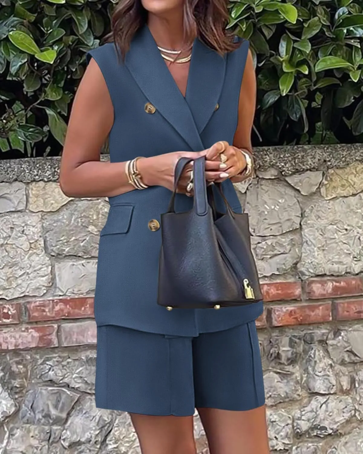 BTFBM Womens Blazer Vest Shorts Sets Lapel Neck Casual Sleeveless Button Down Office Summer 2 Piece Lounge Matching Sets