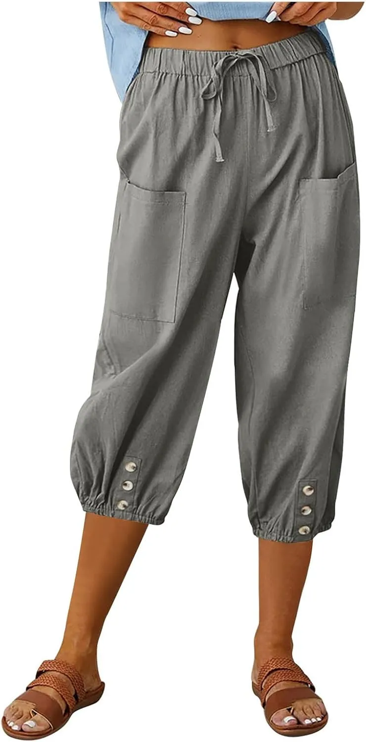 Capris for Women Casual Summer Drawstring Elastic Waist Wide Leg Linen Pants Womens Plus Size Lightweight Shorts