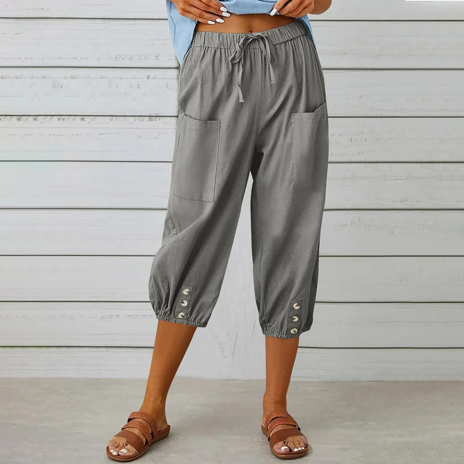 Capris for Women Casual Summer Drawstring Elastic Waist Wide Leg Linen Pants Womens Plus Size Lightweight Shorts