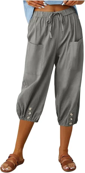 Capris for Women Casual Summer Drawstring Elastic Waist Wide Leg Linen Pants Womens Plus Size Lightweight Shorts