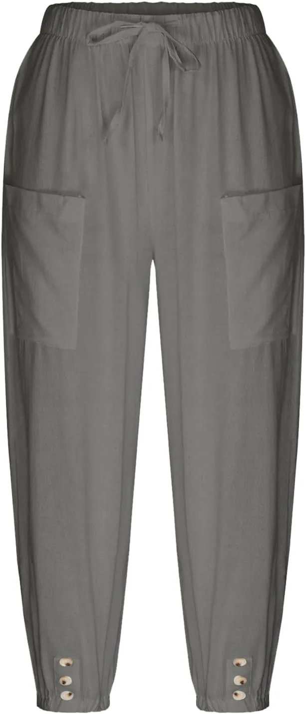 Capris for Women Casual Summer Drawstring Elastic Waist Wide Leg Linen Pants Womens Plus Size Lightweight Shorts