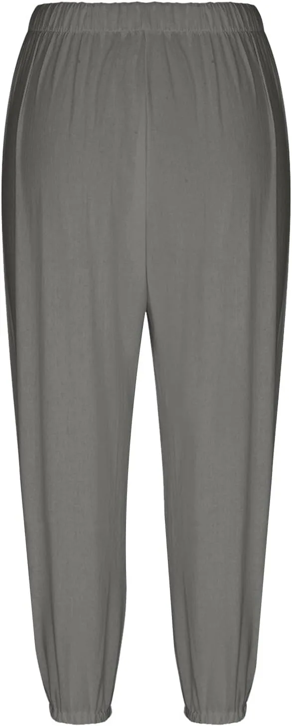 Capris for Women Casual Summer Drawstring Elastic Waist Wide Leg Linen Pants Womens Plus Size Lightweight Shorts