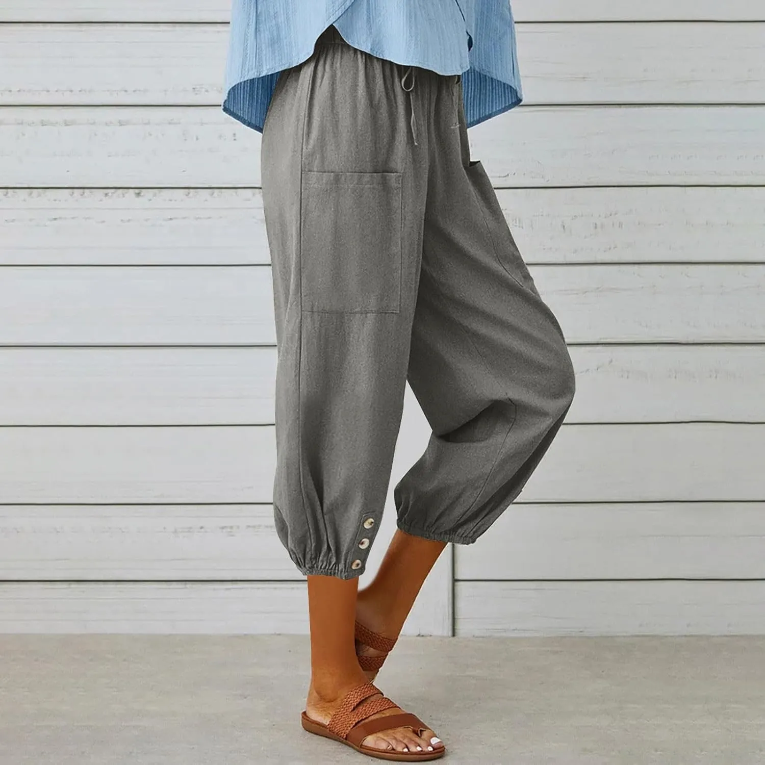 Capris for Women Casual Summer Drawstring Elastic Waist Wide Leg Linen Pants Womens Plus Size Lightweight Shorts