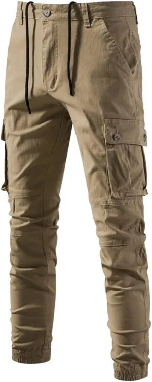 Cargo Pants for Men Men's Solid Reguard Tapered Elastic Waist Drawtring Hiking Cargo Pants Trousers with Multi-Pockets