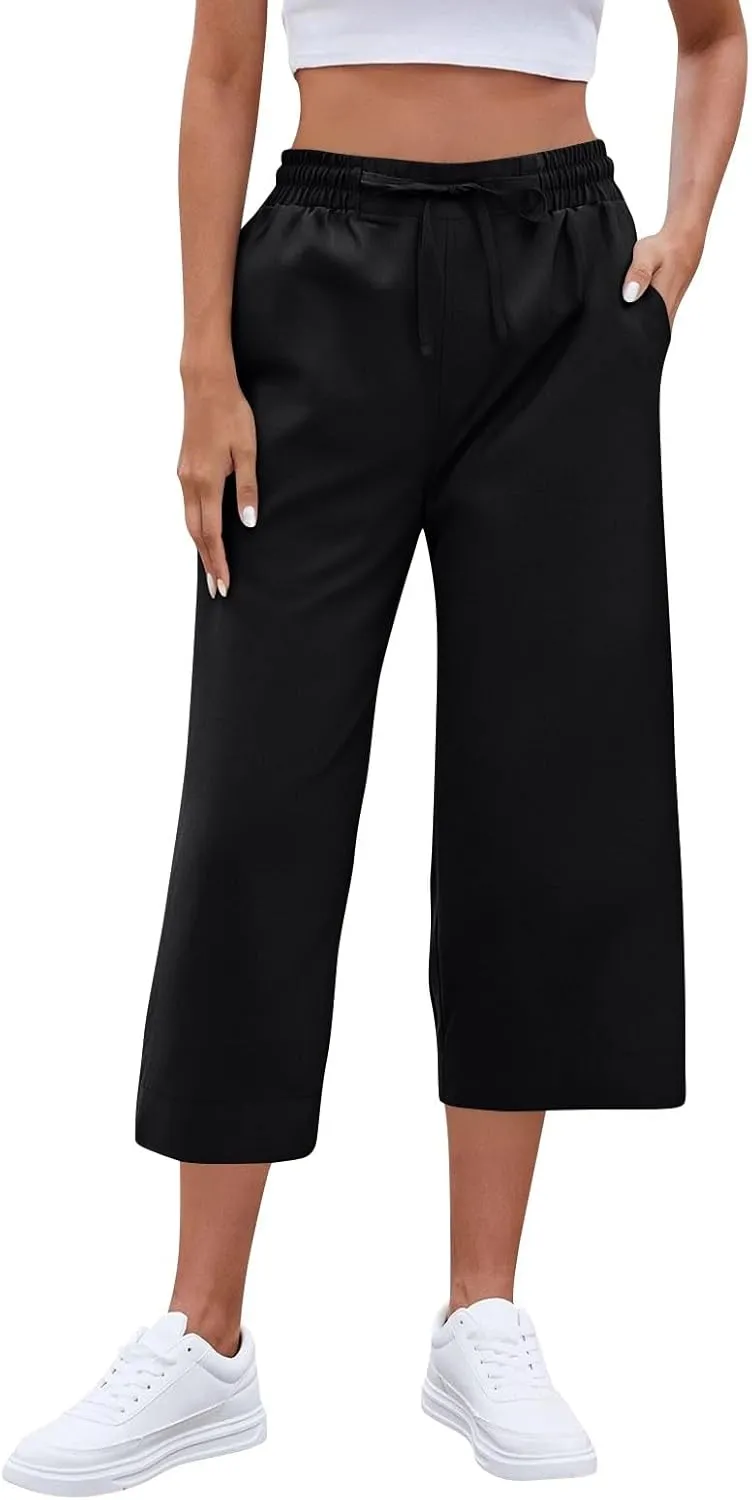 Casual Capri Pants for Women Summer Lightweight Drawstring Waist Lounge Pants with Pockets Split Hem Travel Capris