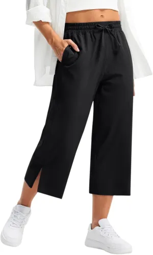 Casual Capri Pants for Women Summer Lightweight Drawstring Waist Lounge Pants with Pockets Split Hem Travel Capris