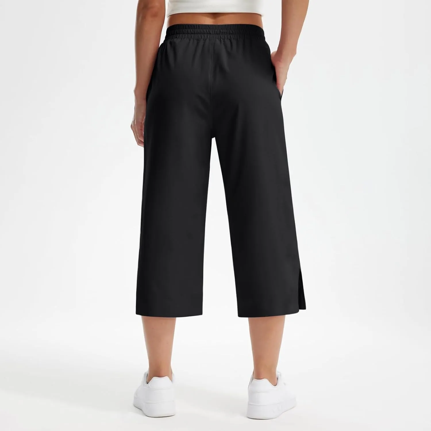 Casual Capri Pants for Women Summer Lightweight Drawstring Waist Lounge Pants with Pockets Split Hem Travel Capris