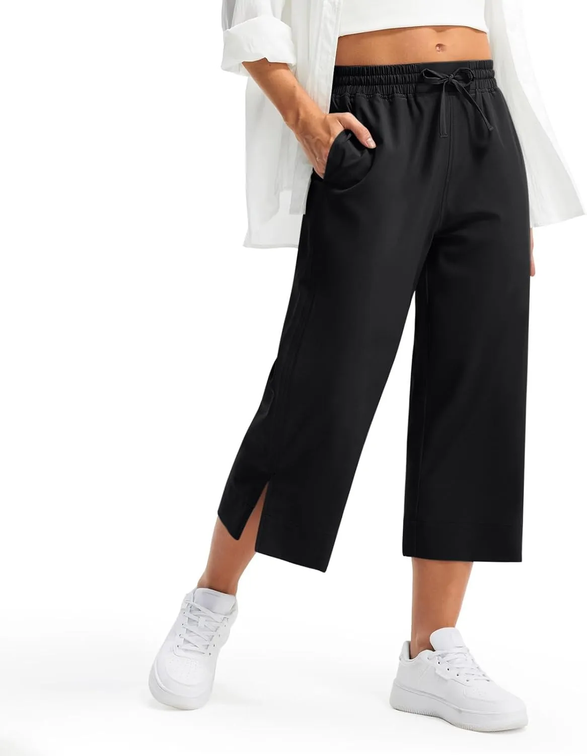Casual Capri Pants for Women Summer Lightweight Drawstring Waist Lounge Pants with Pockets Split Hem Travel Capris