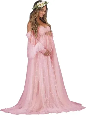 Changuan Pearl Maternity Dress for Photoshoot Tulle Robe Long Puffy Sleeve Off Shoulder Lingerie Babyshower Pregnancy Gown