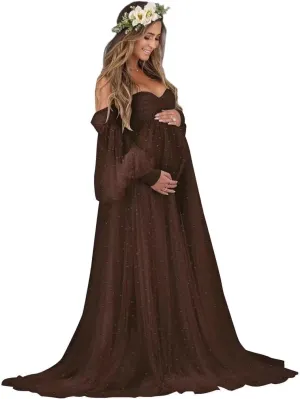 Changuan Pearl Maternity Dress for Photoshoot Tulle Robe Long Puffy Sleeve Off Shoulder Lingerie Babyshower Pregnancy Gown