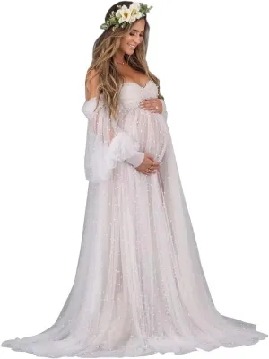 Changuan Pearl Maternity Dress for Photoshoot Tulle Robe Long Puffy Sleeve Off Shoulder Lingerie Babyshower Pregnancy Gown