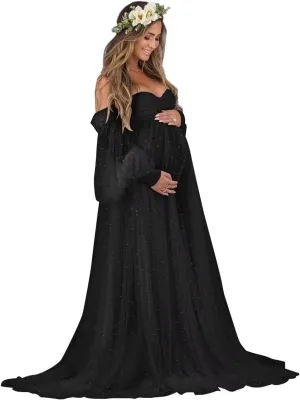 Changuan Pearl Maternity Dress for Photoshoot Tulle Robe Long Puffy Sleeve Off Shoulder Lingerie Babyshower Pregnancy Gown