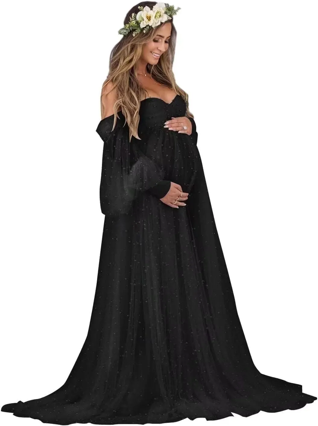 Changuan Pearl Maternity Dress for Photoshoot Tulle Robe Long Puffy Sleeve Off Shoulder Lingerie Babyshower Pregnancy Gown